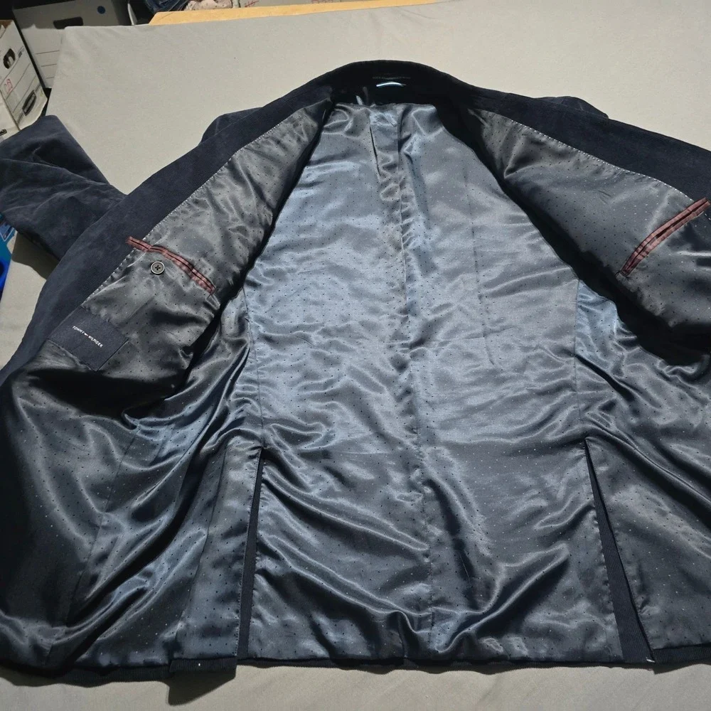 Tommy Hilfiger Corduroy Blazer Men 46L Navy Blue Elbow Patches Two Button Jacket